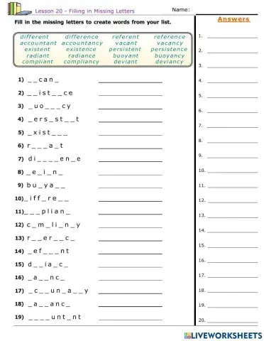 Lesson 20   Final Syllables –ent-–ence-–ency, –ant-–ance-–ancy