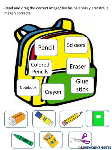 Drag and drop school objects preschool