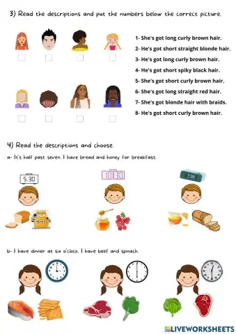 Describing hair styles- the hour- food.