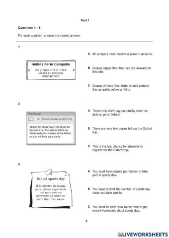 PET - Reading Part 1, 2 and 3