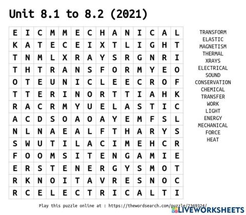 Energy 8.1 to 8.2 Wordsearch