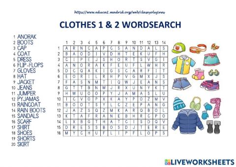 Clothes - Wordsearch 1