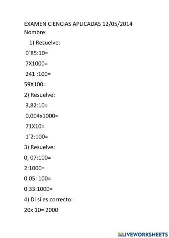 Multiplicaciones decimales x 10,100,1000