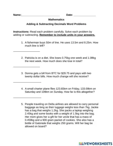 Adding & Subtracting Decimals