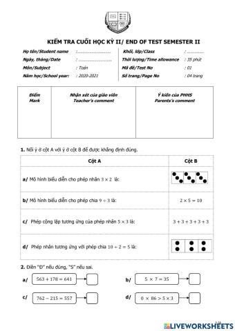 Bài  kiểm  tra Toán học kì 2