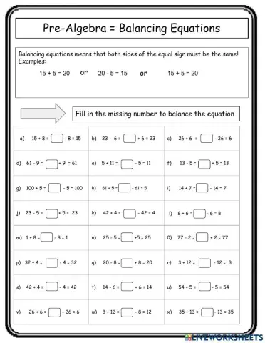 Pre-Algebra Balancing Equation (Mixed)
