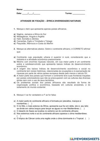 Atividade de fixação - áfrica: diversidades naturais