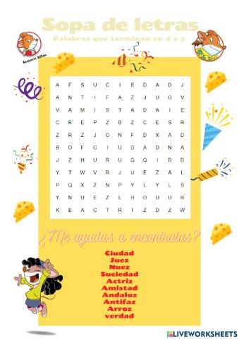 Sopa de letras palabras terminadas en d y z