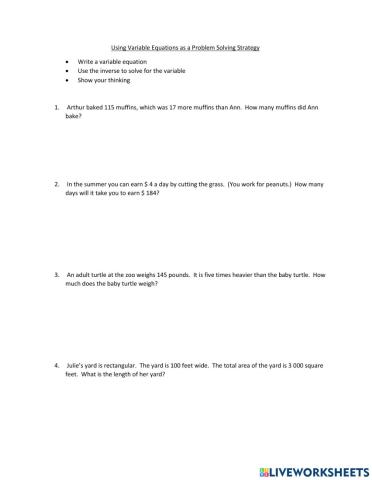 Using Variable Equations as a Problem Solving Strategy
