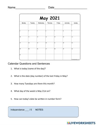 Calendar worksheet for 5-12-21