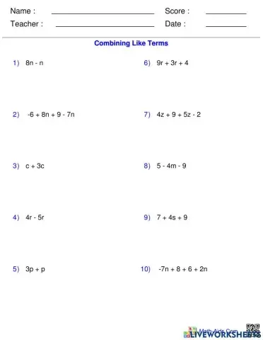 5-1 Simplify Algebraic Expression (Combine Like Terms)