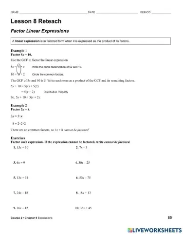 Reteach 5-4 Factor Linear Expressions
