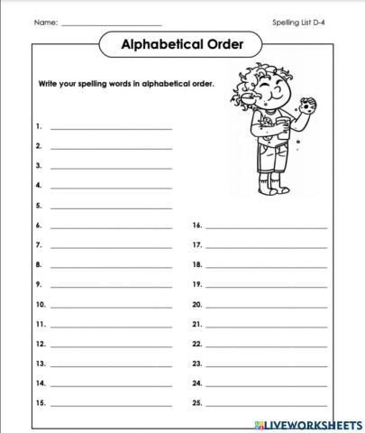 Alphabetical Order Whole List D-4 5th Grade