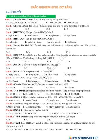 Trắc nghiệm este cơ bản