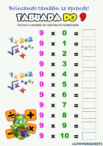 Tabuada de Multiplicação do 9