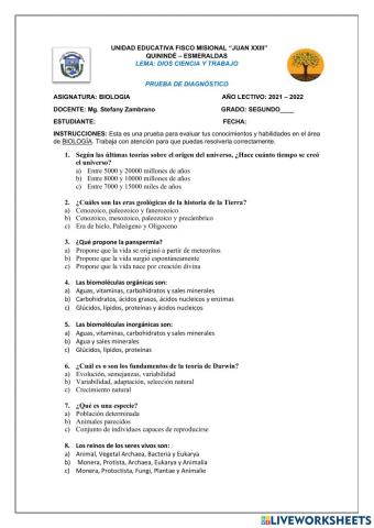 Prueba de diagnostico Biología 2do
