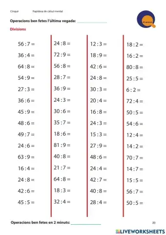 Càlcul ràpid divisions nivell 5è. Quinzet