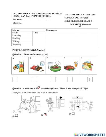 Grade 5- Second Term Final Test