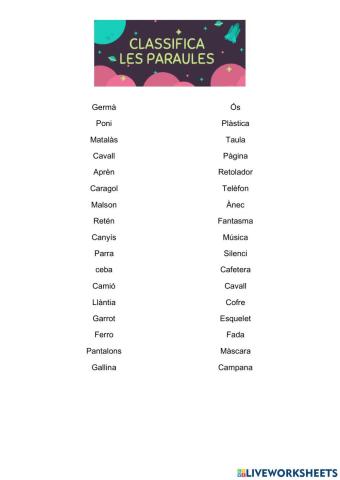 Classifica les paraules