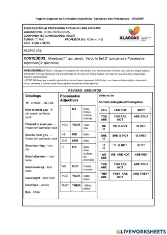 Inglês- 7° ano  -Anaias -Revisão - 11-05 a 28-05