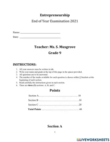 End of Year Examinations Grade 9