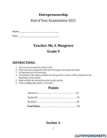 End of Year Examinations Grade 9