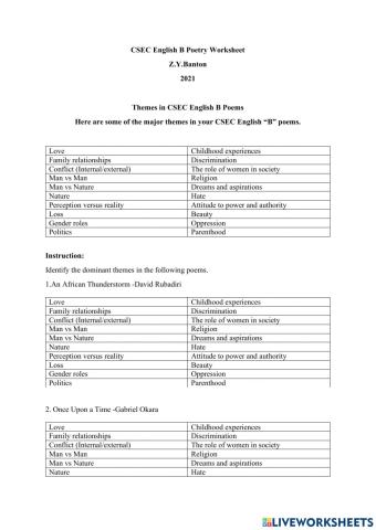 CSEC English Literature Poetry Worksheet