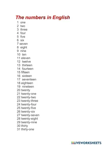 Números en ingles hasta el cien