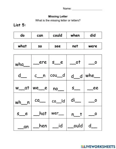 WOW - 10 Words - List 5 - Missing Letter