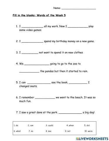 WOW - 10 Words - List 5 - Fill in the Blank