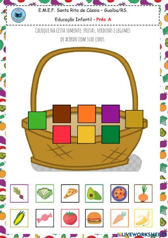 Coloque na cesta somente  frutas, verduras e legumes de acordo com suas cores.