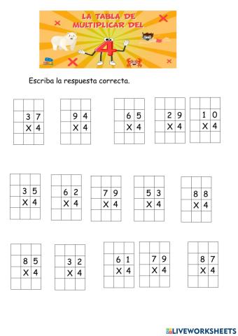 Multiplicaciones en forma vertical tabla del 4