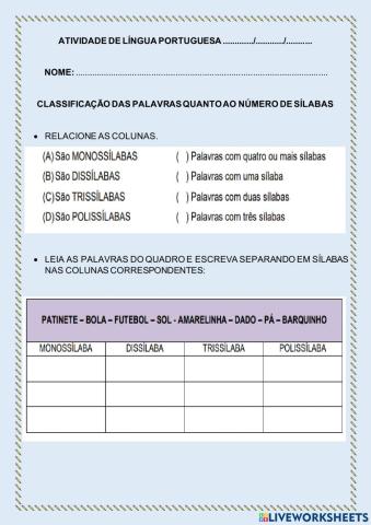 Classificação das palavras quanto ao número de sílaba