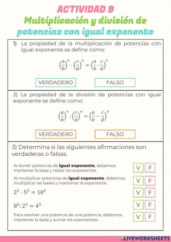 ACTIVIDAD 9 - Multiplicación y división de potencias con igual exponente