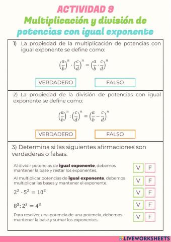 ACTIVIDAD 9 - Multiplicación y división de potencias con igual exponente