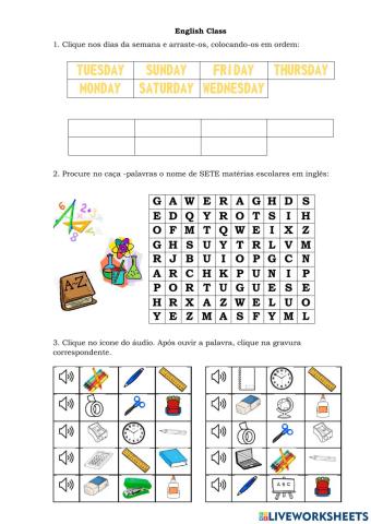 Days, school subjects and school supplies