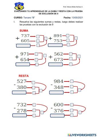 Pruebas con exclusión de 9 de suma y resta