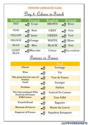 Colors in French and Famous Things in France.