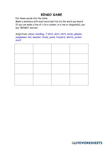 Worksheet for clothes - Bingo game