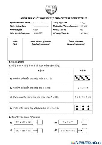 Bài kiểm tra Toán học kì 2