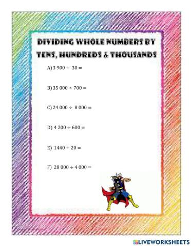 Dividing whole numbers by tens, hundreds & thousands