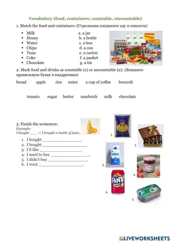 Food and containers, countable and uncountable food