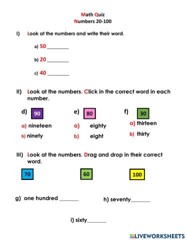 Math quiz (numbers 20-100)