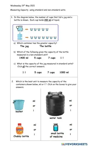 Standard and non-standard units for measuring capacity