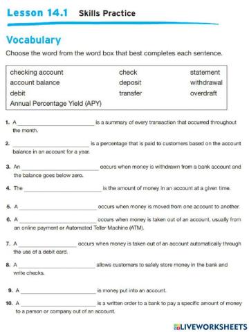 Checking Account Vocab