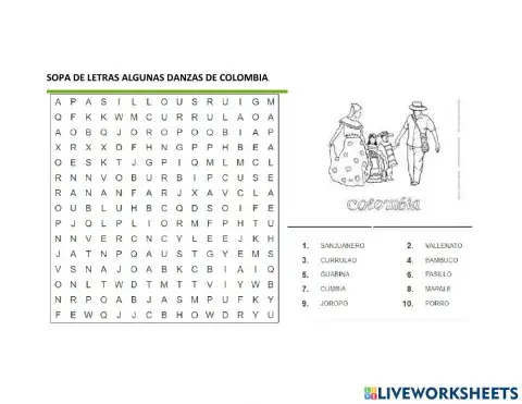 Sopa de letras danzas de Colombia