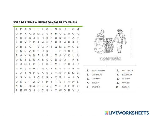 Sopa de letras danzas de Colombia