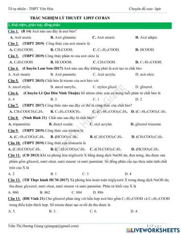 Trắc nghiệm lý thuyết chất béo cơ bản