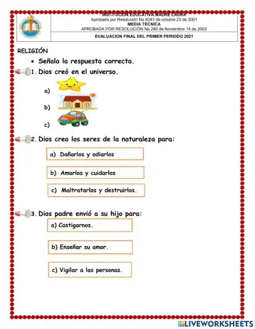 religion final primero primaria