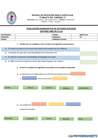 Evaluación diagnóstica de estudios sociales para 7mo E.G.B